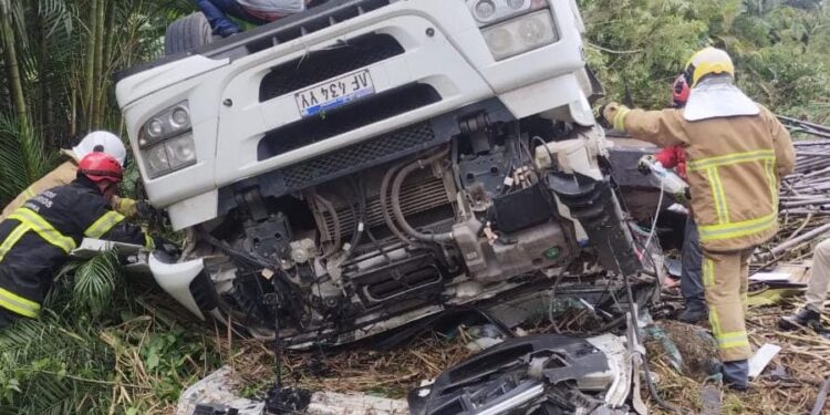 [Fotos] Carreta carregada com tubos de aço capota na BR-280 e motorista fica preso às ferragens