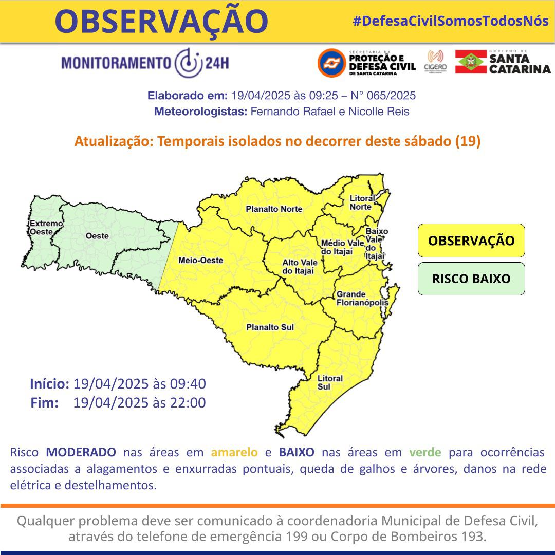 Defesa Civil - Atenção meteorológica para Região Norte de SC
