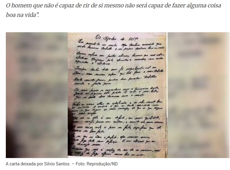 Meses após a morte de Silvio Santos, suas filhas encontraram uma carta escrita à mão pelo apresentador.