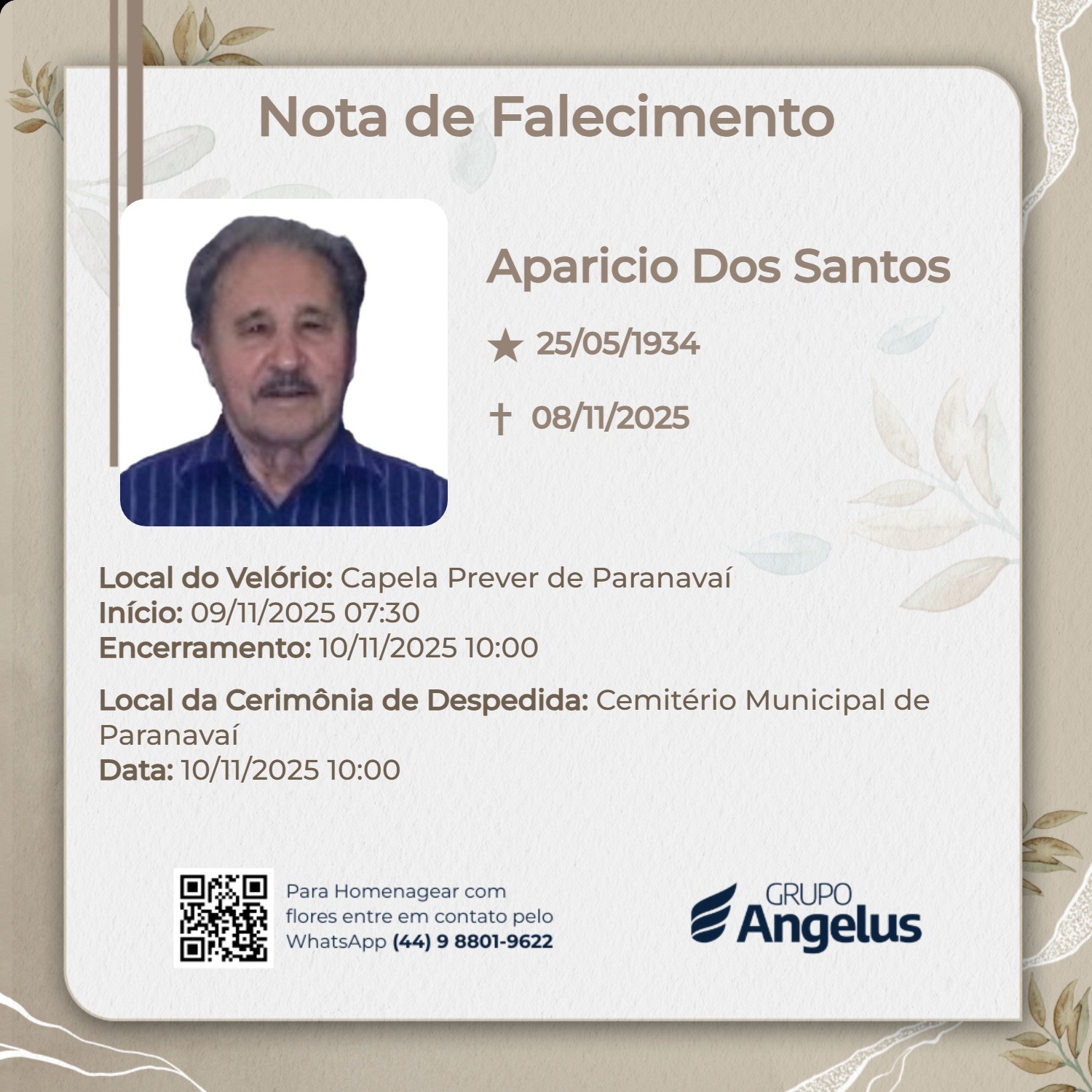 Nota de falecimento - Aparicio dos Santos