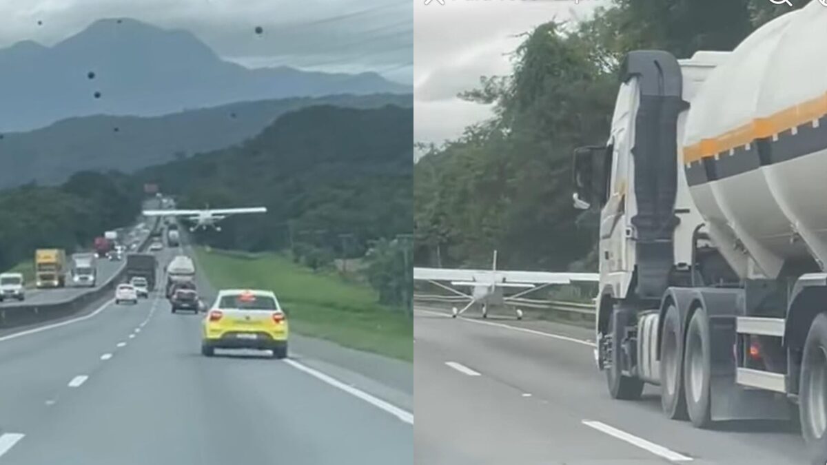 Veja o Vídeo - Avião faz pouso forçado entre carros e caminhões na BR-101, em SC
