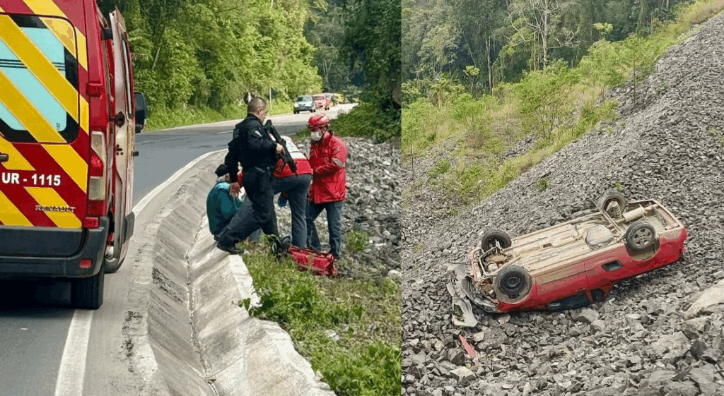 Homem é resgatado após carro capotar em ribanceira na serra de Corupá